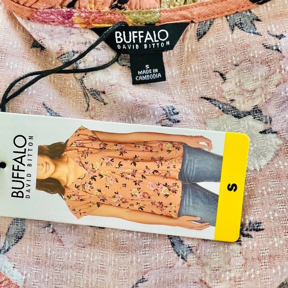 NWT Buffalo David Bitton Floral Print Flutter sleeve Tie Neck Jacquard Blouse - Picture 8 of 11